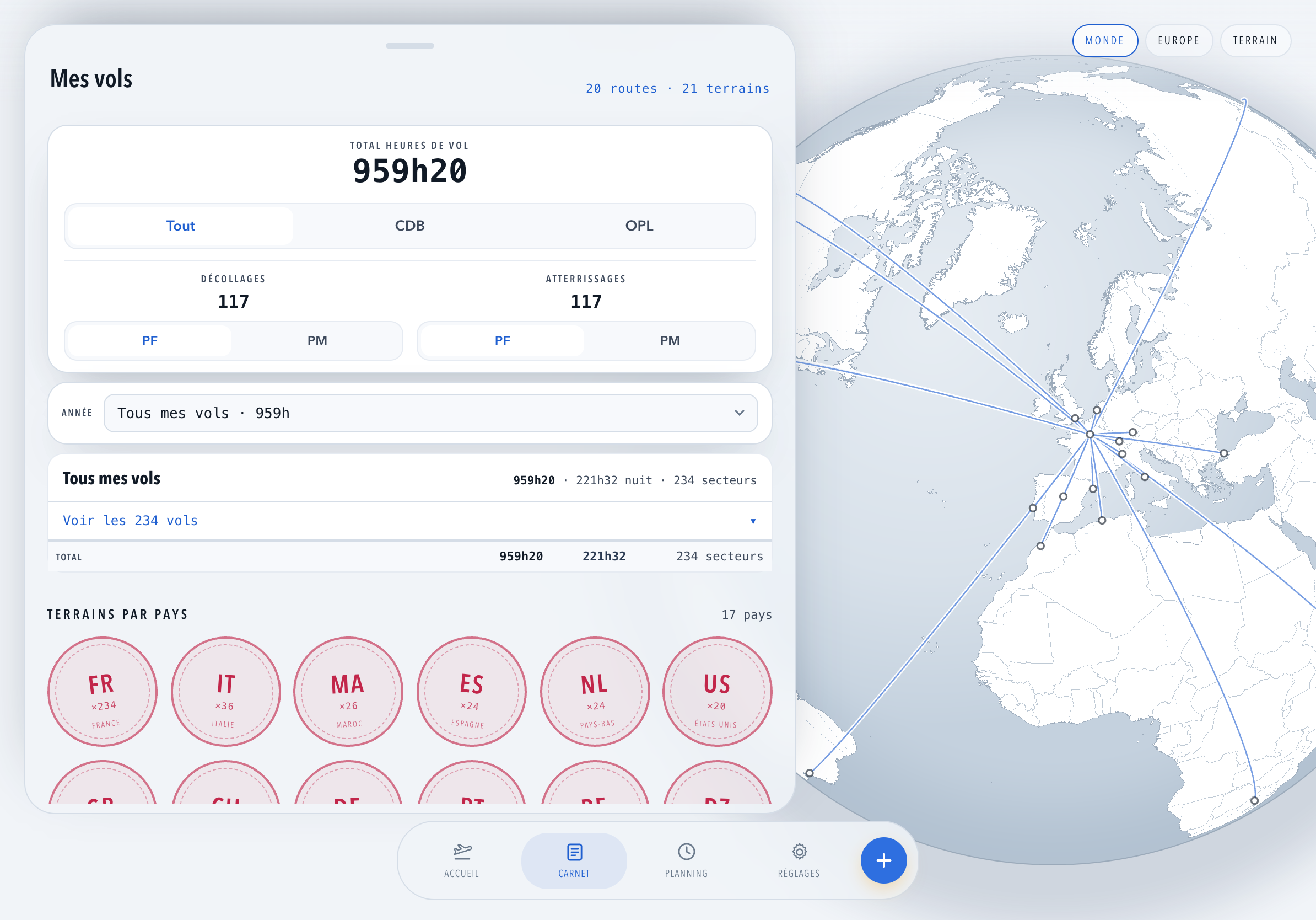 Le carnet de vol de Bluebound sur iPad : le globe des routes volées et le total d'heures