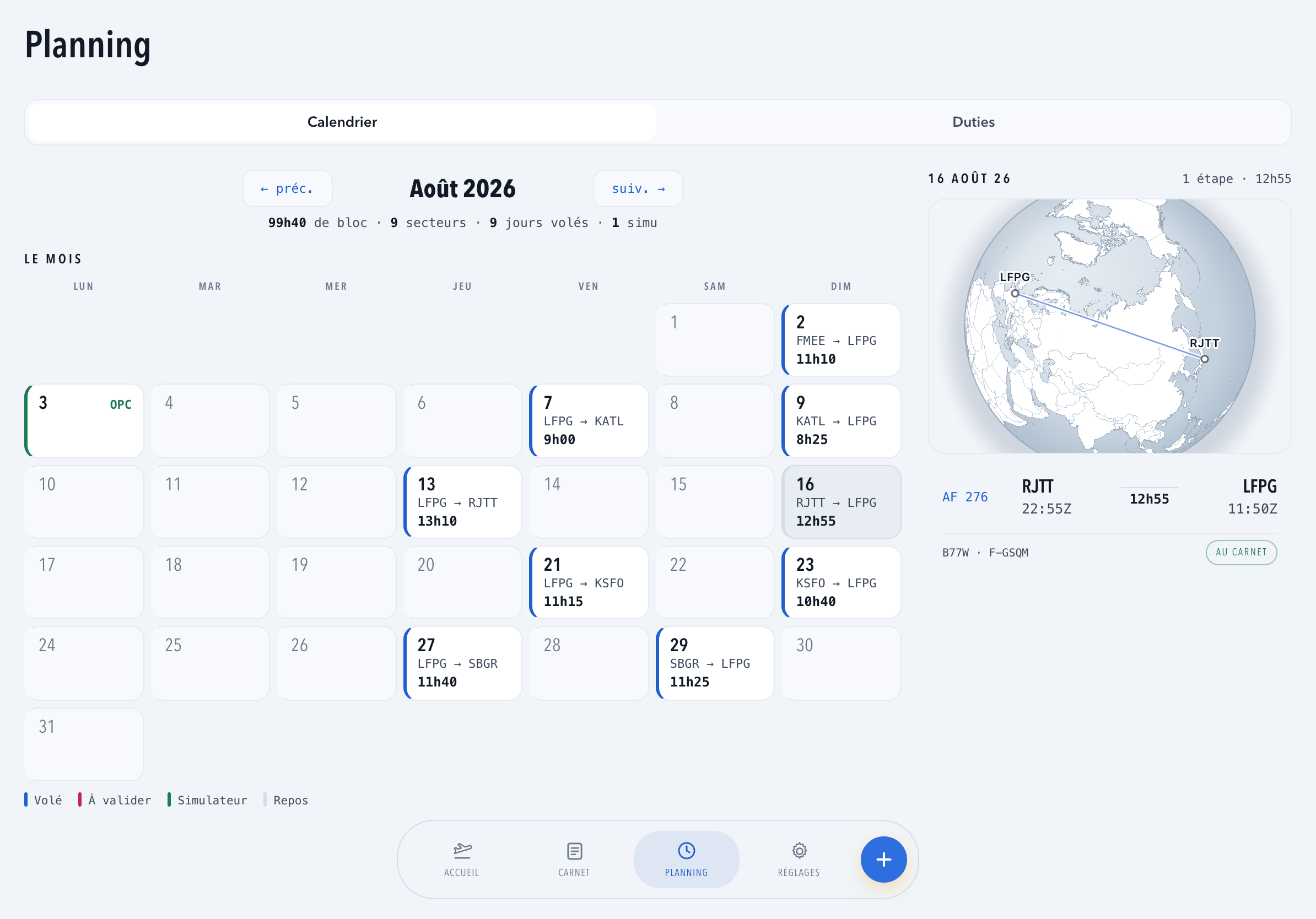 Le calendrier du mois dans Bluebound, avec les rotations et une séance OPC